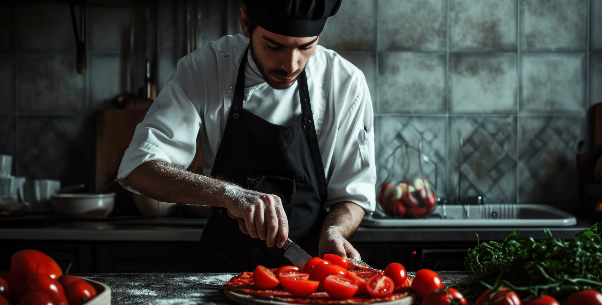 chef cutting tomatoes