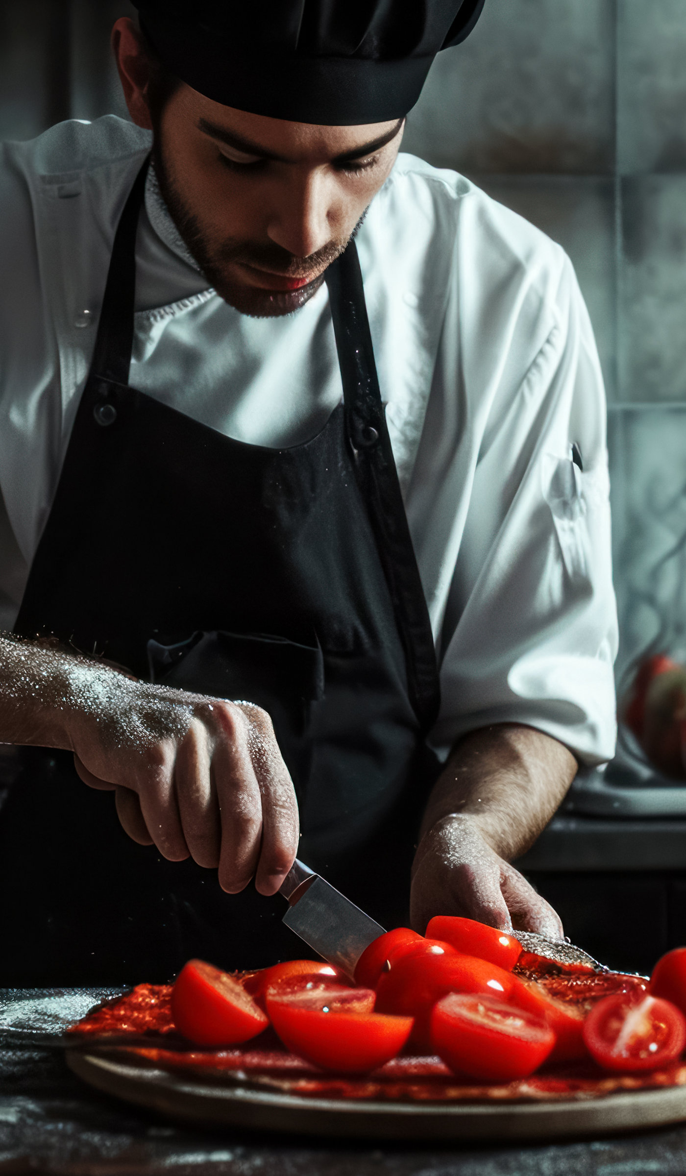 chef cutting tomatoes